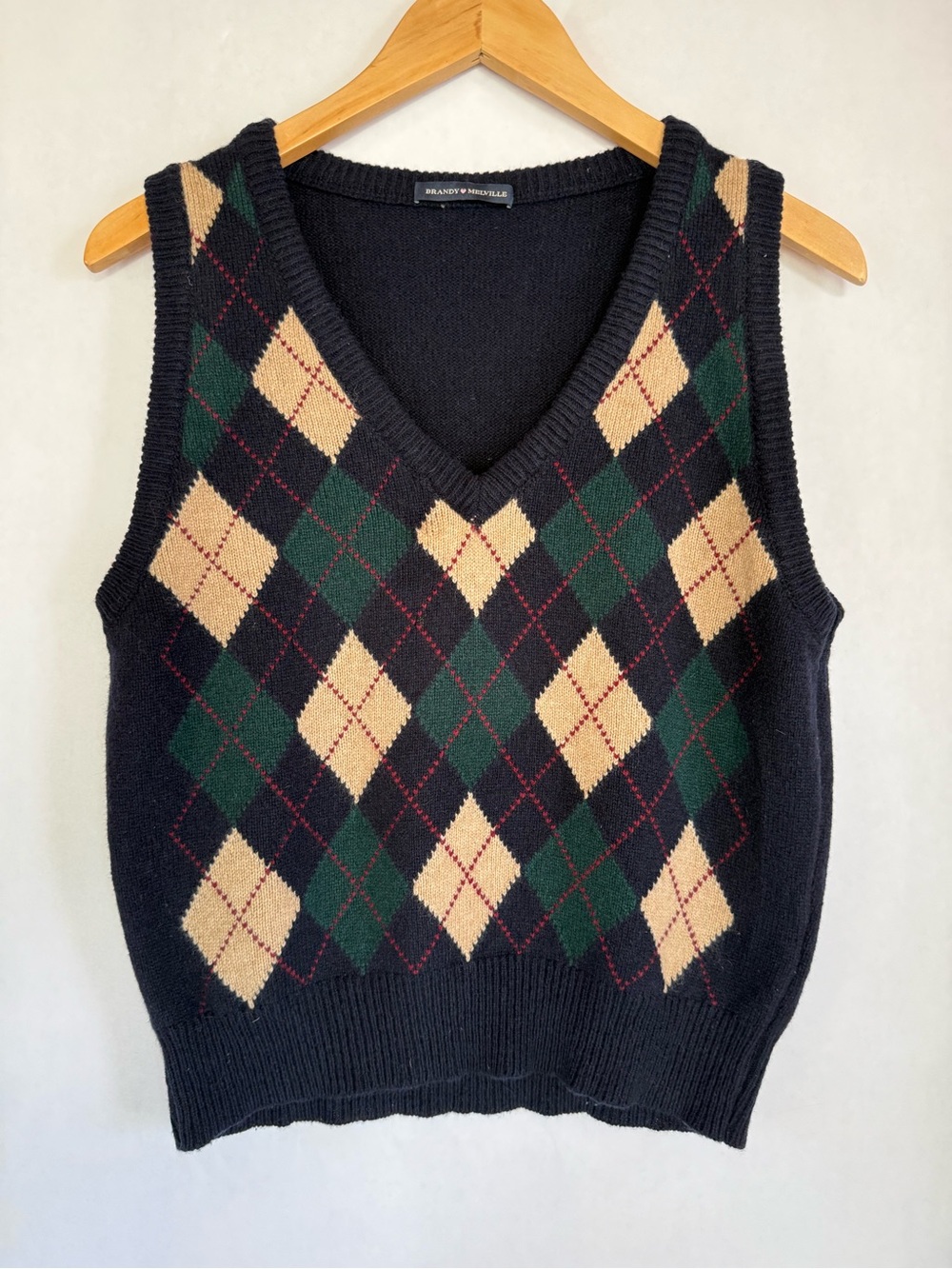 Brandy Melville Navy Green Cream Argyle V-Neck Sweater Vest